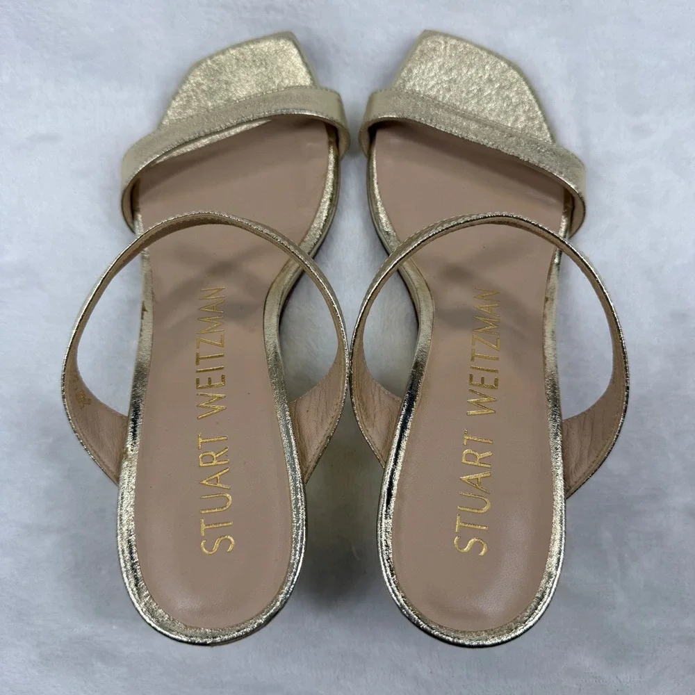 Stuart Weitzman Aleena 50 Gold Metallic Leather Square Toe‎ Wedge Sandals Size 5